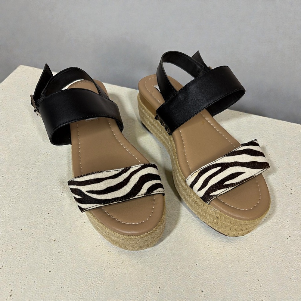 Steve Madden Fifer Espadrille Platform Wedge Sandals Black Zebra Pony Hair‎ 7.5